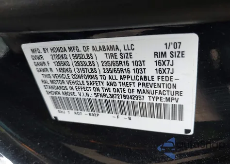 2007 Honda Odyssey Ex-L из США, поврежденный, VIN 5FNRL38727B042957